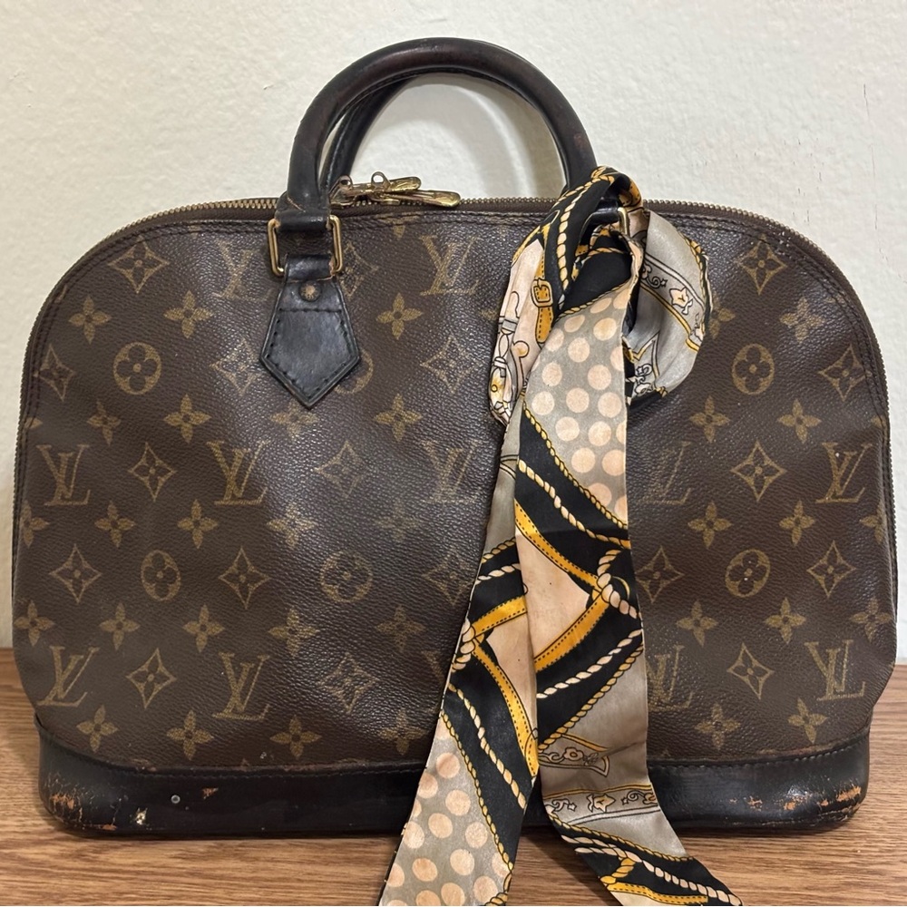 Well loved, Authentic, custom Louis Vuitton Alma with hand bag scarf